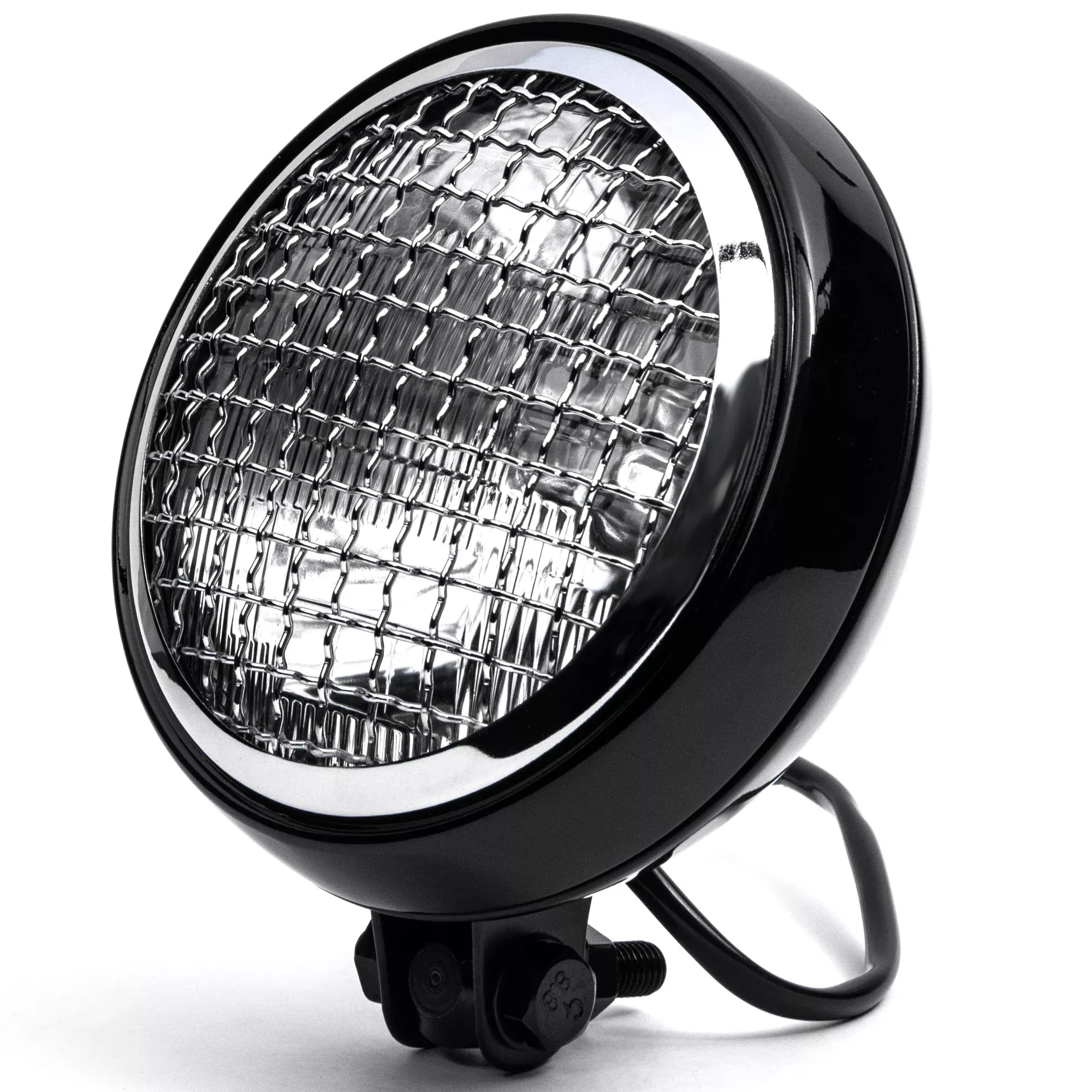 6" Black & Chrome Motorcycle Headlight Mesh Grill High Low Headlamp Bottom Mount