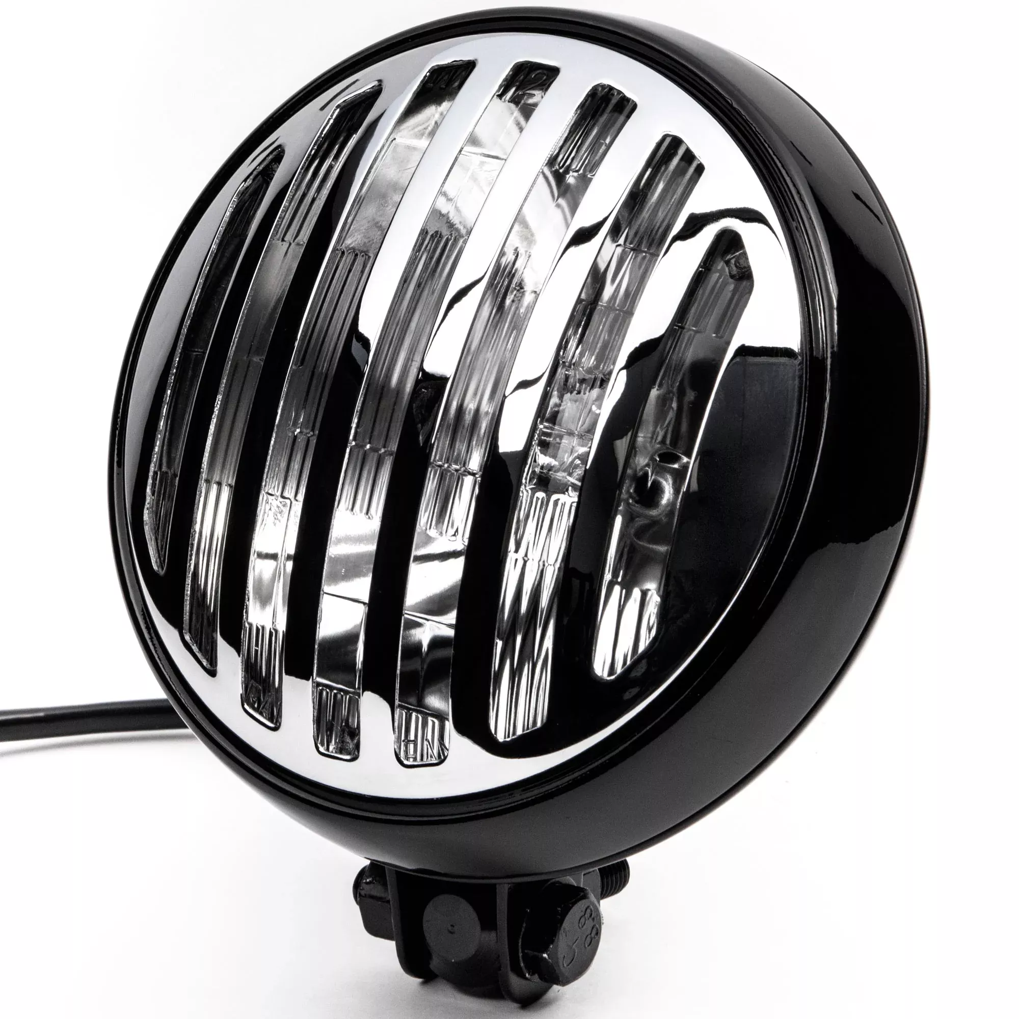 6" Black & Chrome Motorcycle Headlight with Grill High Low Headlamp Bottom Mount
