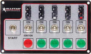 Allstar Performance 4x7 Fused Switch Panel with 1 Momentary Start, 1 Ignition, 4 Accessory Switches ALL80138
