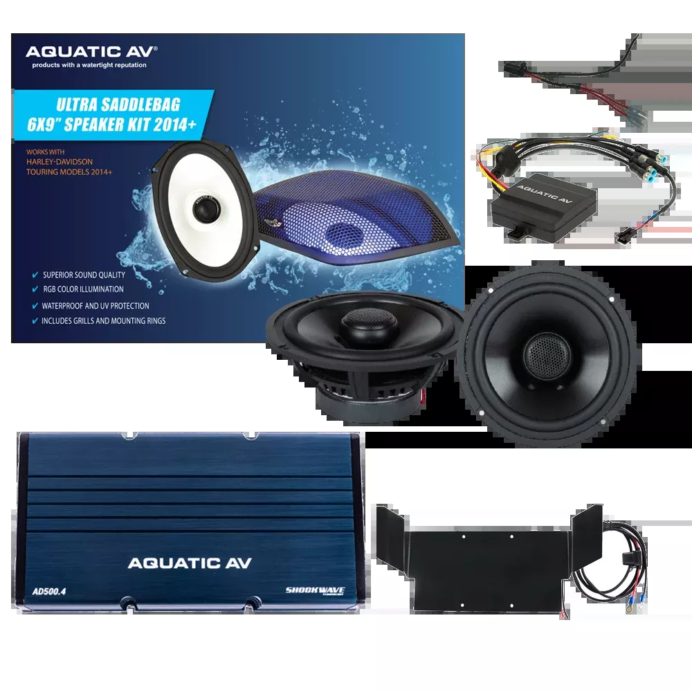 AQUATIC AV 600 WATT AMP SPEAKER KITS HARLEY DAVIDSON BAGGERS