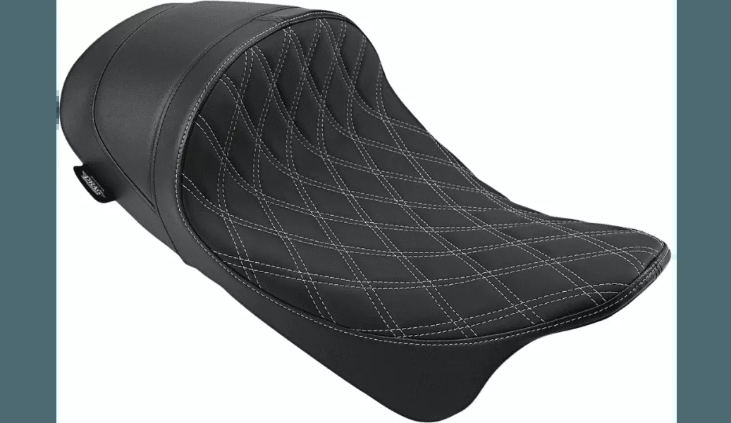 Drag Specialties EZ-ON Mount Lo Profile Solo Seat with Forward Positioning for '08-Up Harley Davidson Touring - Solar Reflective Leather Double Diamond Black Thread (Not for '24-Up FLHX/FLTR Models)