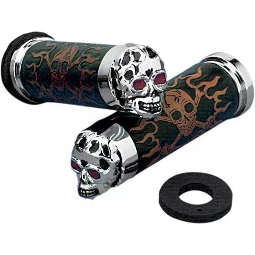 Drag Specialties Skull Grips with Red Eyes for Harley Dual Cable