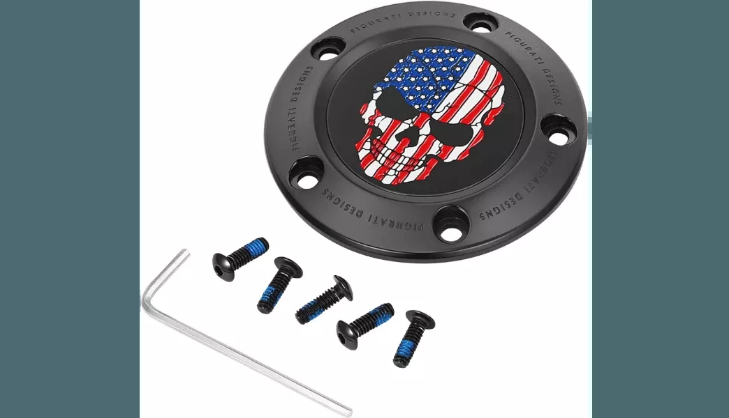 Figurati 5 Hole Timing Cover for '99-17 Big Twin Harley Davidson - RWB Skull/Black