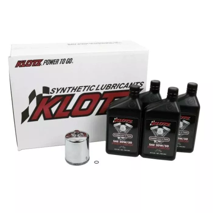 Klotz Basic 20W/50 4 Quart Synthetic Oil and Chrome Filter Kit For Harley-Davidson Evolution Big Twin