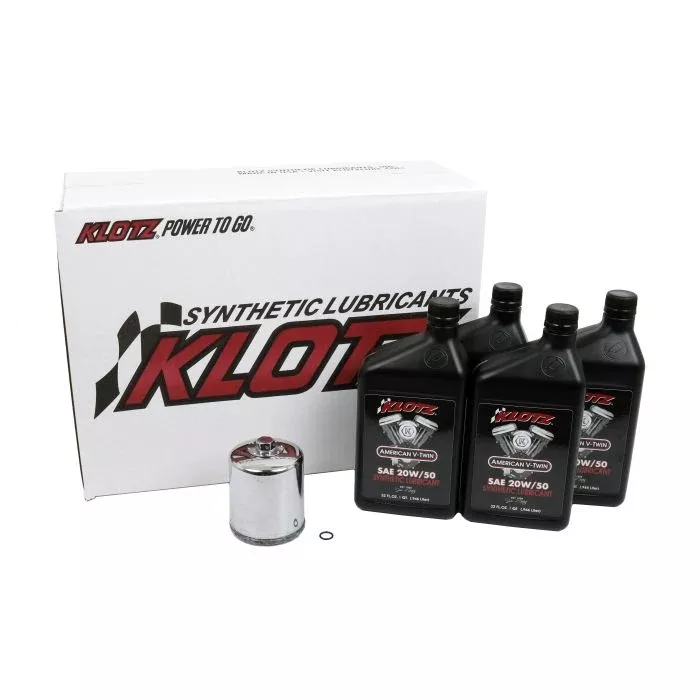 Klotz Basic 20W/50 4 Quart Synthetic Oil and Chrome Filter Kit For Harley-Davidson Twin Cam