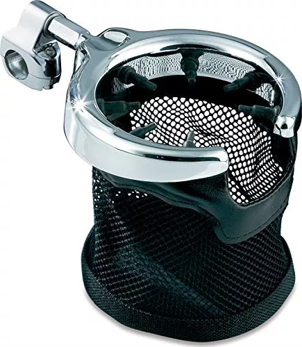 Kuryakyn 1484 Motorcycle Accessory: Passenger Drink/Cup Holder with Mesh Basket for Harley-Davidson Motorcycles with 1/2" Diameter Grab Rail, Chrome