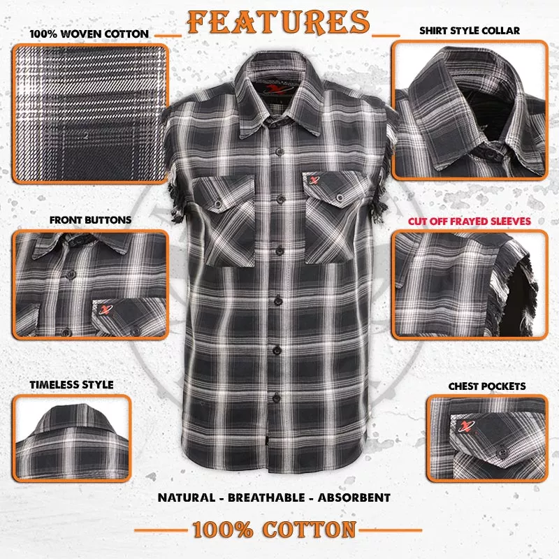 MILWAUKEE LEATHER SLEEVELESS BLK/WHT FRAYED FLANNEL SHIRT