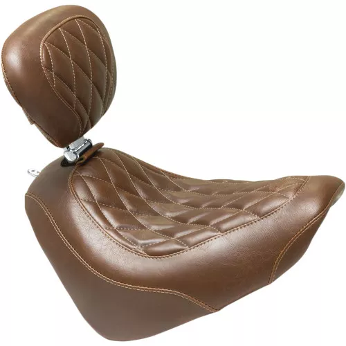 Mustang Brown Wide Tripper Solo Seat with Backrest for 2018-2024 Harley Fat Bob - Diamond