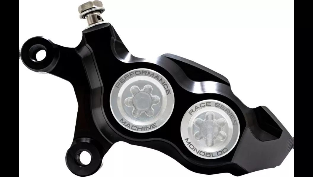 Performance Machine PM Race Series Monobloc Caliper 137 x 4B – Left – Black Anodized with Black Bore Caps – Softail – 0053-2957-MB