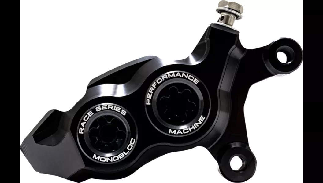 Performance Machine PM Race Series Monobloc Caliper 137 x 4B – Right – Black Anodized with Black Bore Caps – Softail – 0053-2958-MB