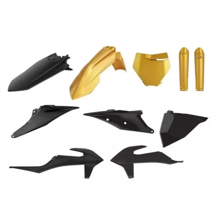 POLISPORT Plastics Full MX Kit Gold/Black 91052 fits 2019 KTM 250 Xc, 300 Xc / 2019-2022 KTM 125 SX, 150 SX, 250 SX, 250 SXF, 250 XC-F, 350 SXF, 350 XC-F, 450 SXF, 450 XC-F / 2020-2022 KTM 250 Xc Tpi, 300 Xc Tpi / 2021-2022 KTM 125 Xc