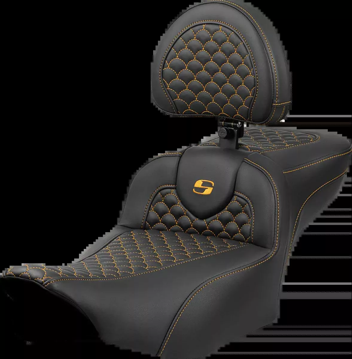 Roadsofa™ Extended Reach Seat - Dragon Scale Stitch - Gold Stitch - w/ Backrest - FLTR/FLHX '23-'24