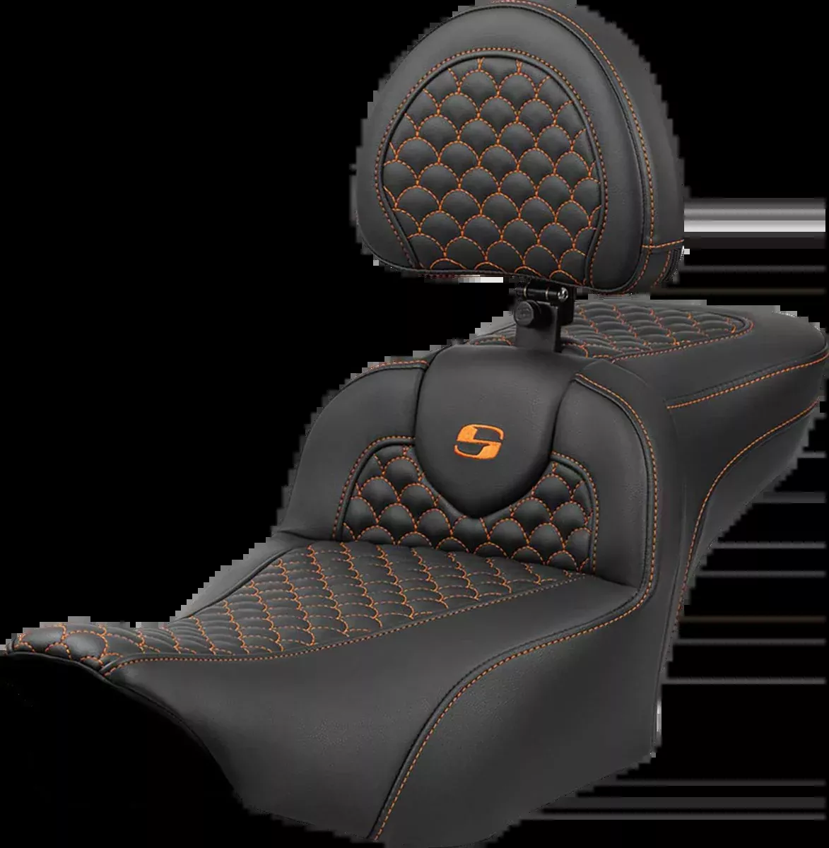 Roadsofa™ Extended Reach Seat - Dragon Scale Stitch - Orange Stitch - w/ Backrest - FLT/FLH '23-'24