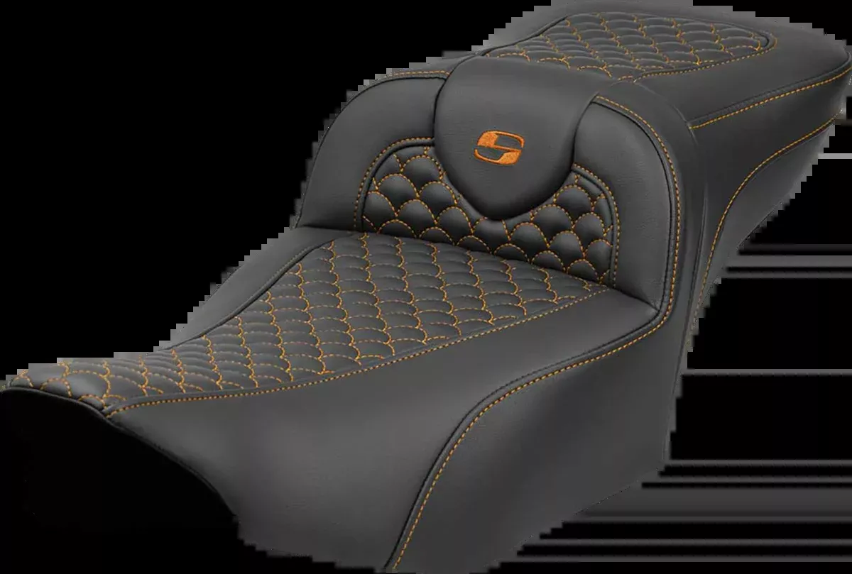 Roadsofa™ Extended Reach Seat - Dragon Scale Stitch - Orange Stitch - w/o Backrest - FLT/FLH '23-'24