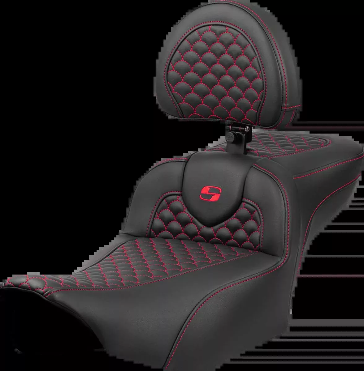 Roadsofa™ Extended Reach Seat - Dragon Scale Stitch - Red Stitch - w/ Backrest - FLTR/FLHX '23-'24