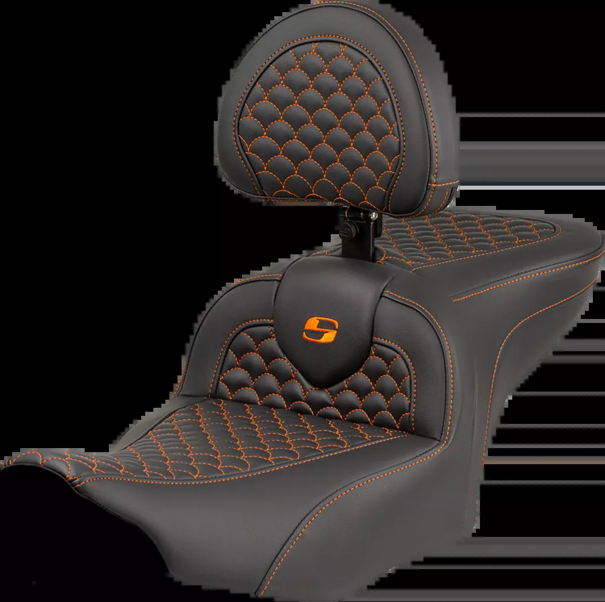 Roadsofa™ Seat - Dragon Scale Stitch - Orange Stitch - w/ Backrest - FLTR/FLHX '23-'24