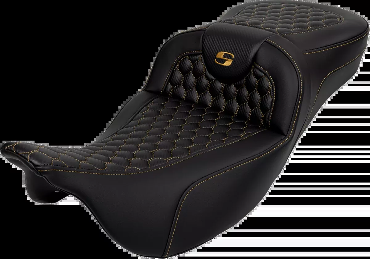 RoadSofa™ Seat - Honeycomb - Gold Stitch - Extended Reach - without Backrest - FLH/FLT '08-'24