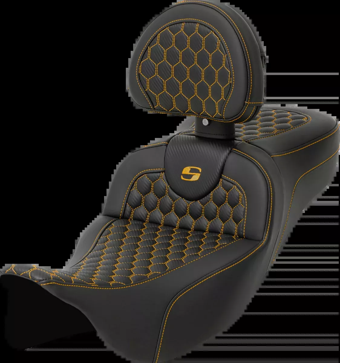 RoadSofa™ Seat - Honeycomb - Gold Stitch - with Backrest - Extended Reach - FLH/FLT '08-'24