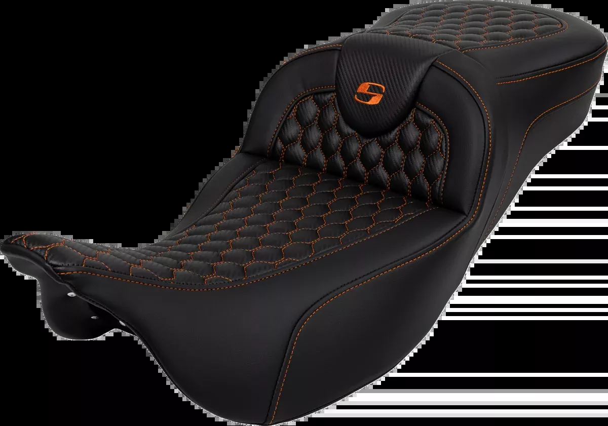 RoadSofa™ Seat - Honeycomb - Orange Stitch - Extended Reach - without Backrest - FLH/FLT '08-'24