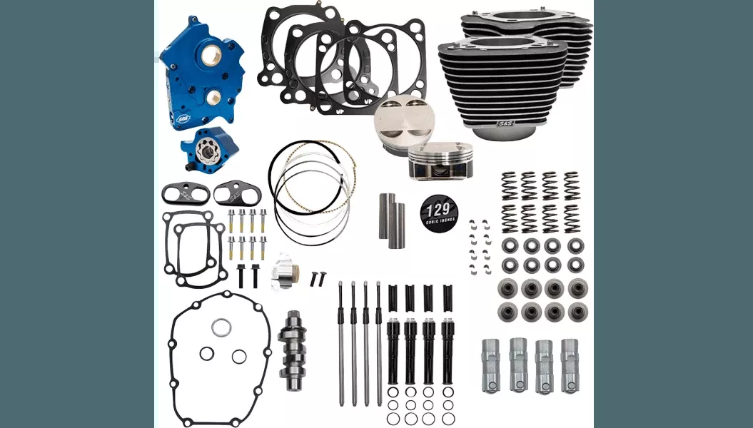 S&S Cycle 129" Power Package Engine Performance Kit 550 Chain Drive for '17-23 Harley Davidson Oil Cooled Touring and '18-23 Softail - Wrinkle Black w/Highlighted Fins