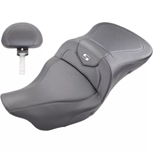 Saddlemen Extended Reach Heated Road Sofa Seat w/ Backrest for 2008-2023 Harley Touring - Lattice Stitch