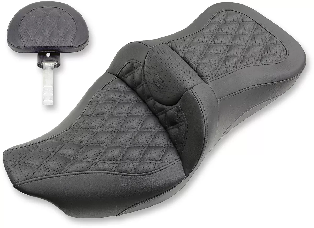 SADDLEMEN Extended Reach Roadsofa™ Seat with Lattice Stitching and Backrest for FL '08-'24 – Part Number 808-07B-184BR
