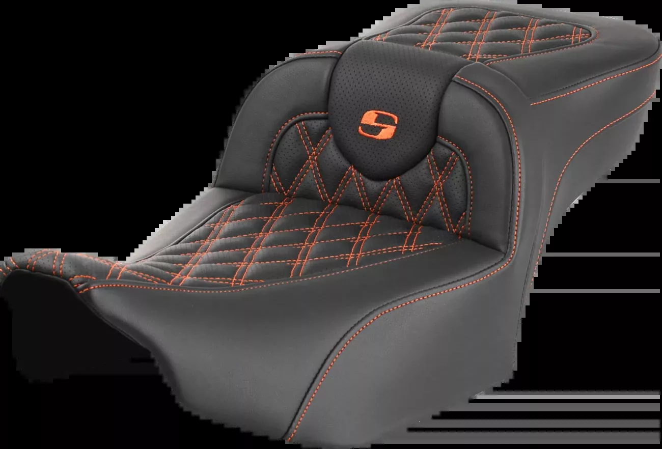 SADDLEMEN Roadsofa™ Extended Reach Seat for FLTR/FLHX 2023-2024 – Orange Stitch, Lattice Design, Part #823-07-18403
