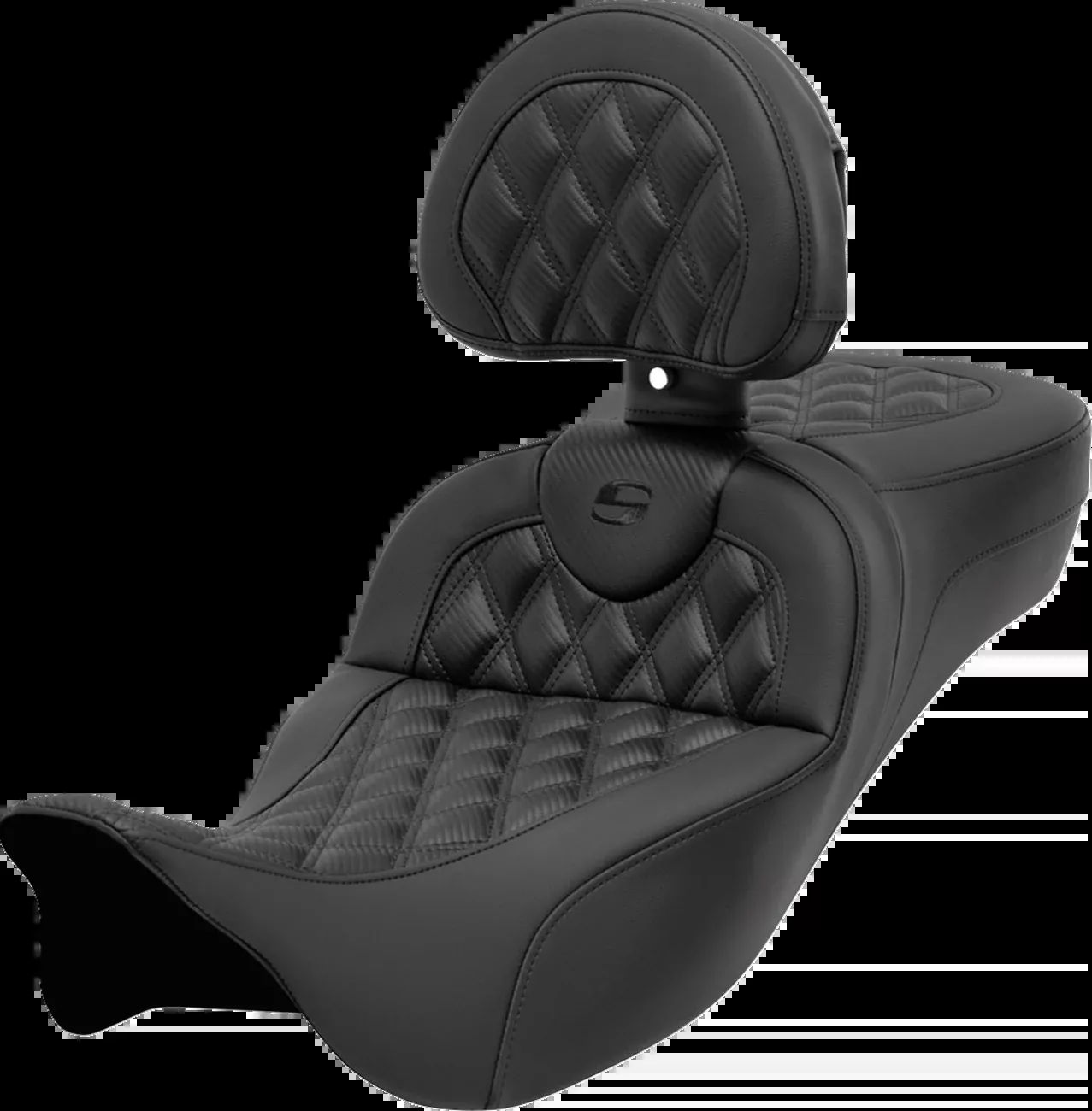 SADDLEMEN Roadsofa™ Extended Reach Seat with Backrest for FL 2008-2024 – Carbon Fiber, Lattice Stitch, Tall Lumbar Support