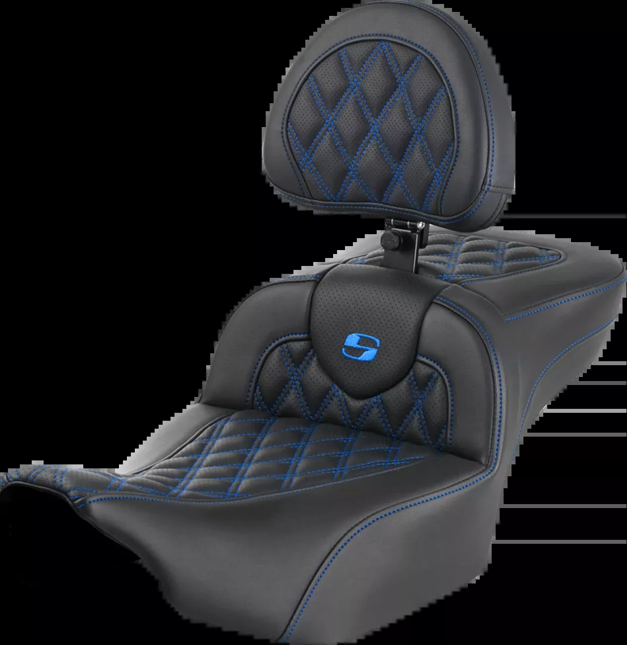 SADDLEMEN Roadsofa™ Extended Reach Seat with Backrest for FLTR/FLHX 2023-2024 – Blue Lattice Stitch, Part 823-07-184B1