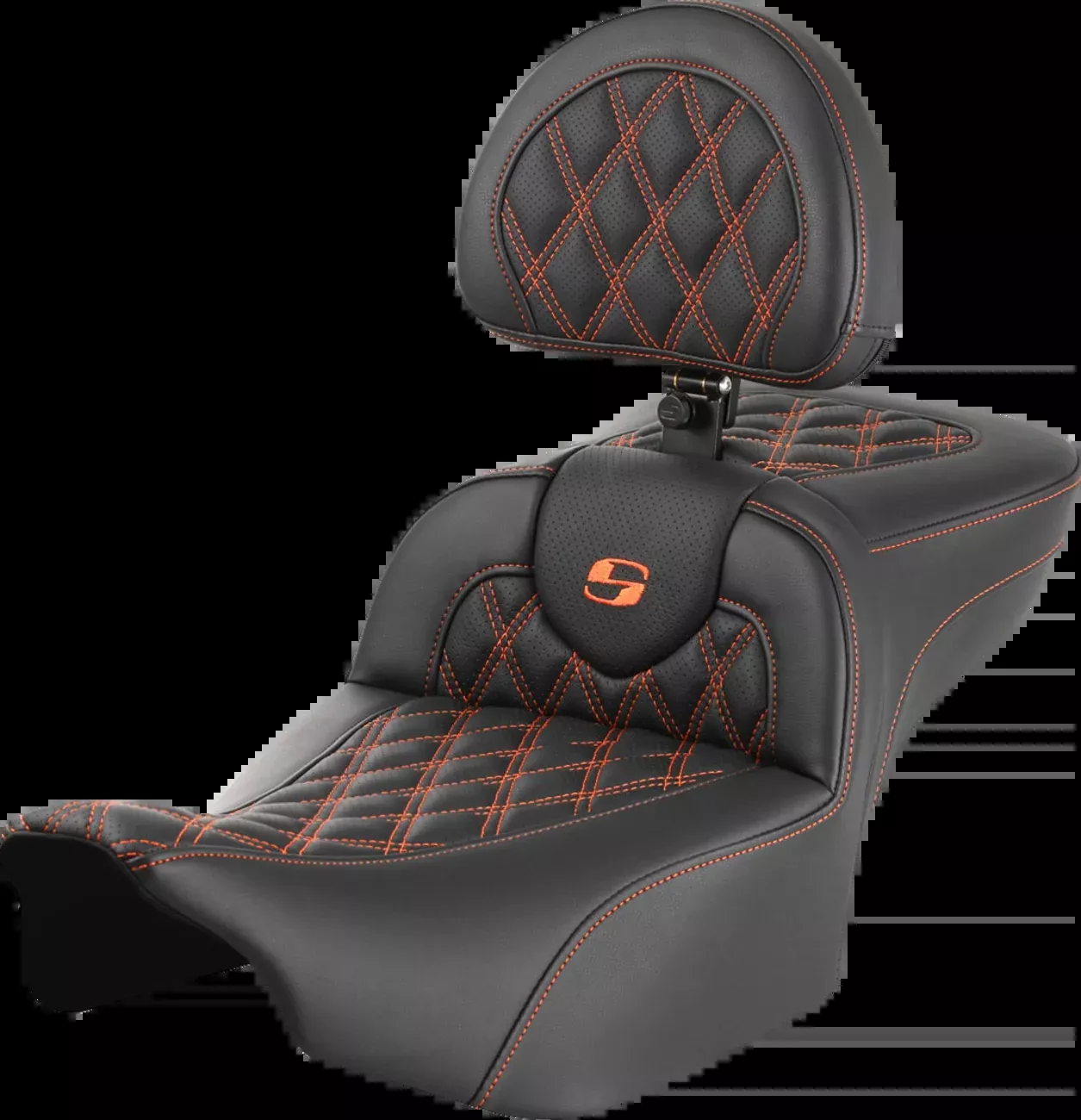 SADDLEMEN Roadsofa™ Extended Reach Seat with Backrest for FLTR/FLHX 2023-2024 – Lattice Stitch Orange Stitch Part #823-07-184B3