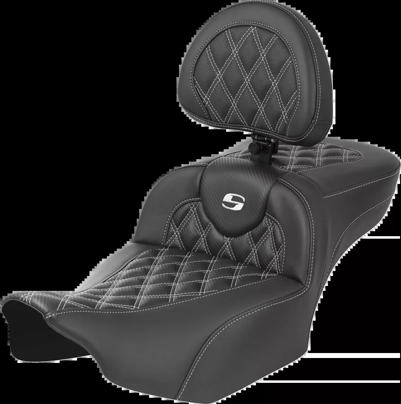 SADDLEMEN Roadsofa™ Extended Reach Seat with Backrest for FLTR/FLHX ’23-’24 – White Stitch, Lattice Design, Part 823-07-184B6