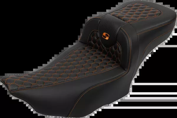 Saddlemen Roadsofa Extended Reach Seat - with Backrest - Honeycomb - Orange Stitch - FLTR/FLHX '23-'24 - 823-07-190B3