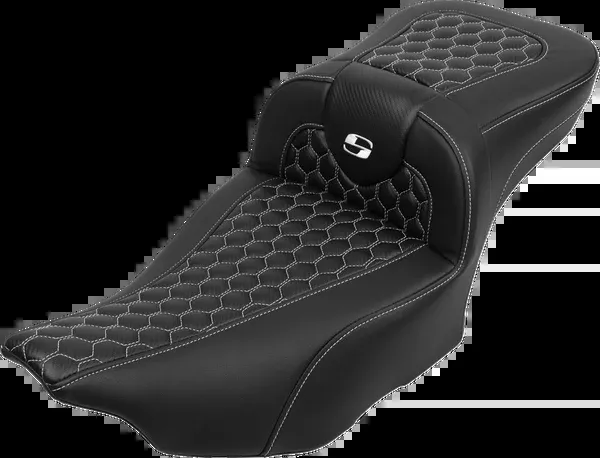 Saddlemen Roadsofa Extended Reach Seat - with Backrest - Honeycomb - White Stitch - FLTR/FLHX '23-'24 - 823-07-190B6