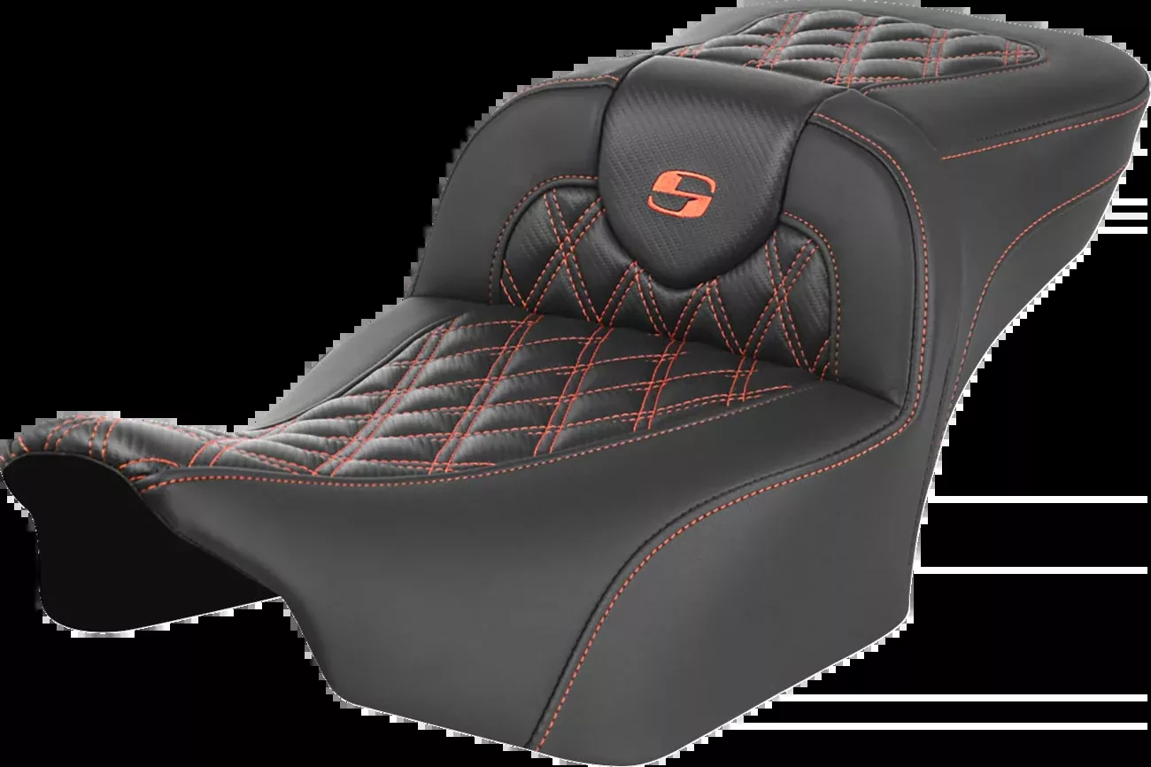 SADDLEMEN Roadsofa™ Extended Reach Seat with Lattice Stitch and Orange Stitch for FL/FX ’23-’24 – Part 823-07-20703
