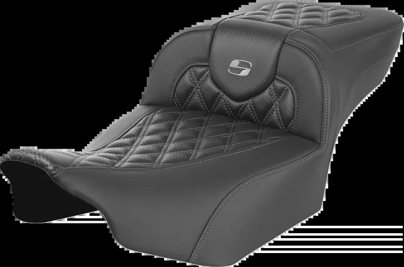SADDLEMEN Roadsofa™ Extended Reach Seat without Backrest for FL/FX ’23-’24 – Dark Gray Stitch, Lattice Design, Part #823-07-20702