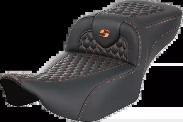 Saddlemen Roadsofa Extended Reach Seat - without Backrest - Honeycomb - Orange Stitch - FLTR/FLHX '23-'24 - 823-07-19003