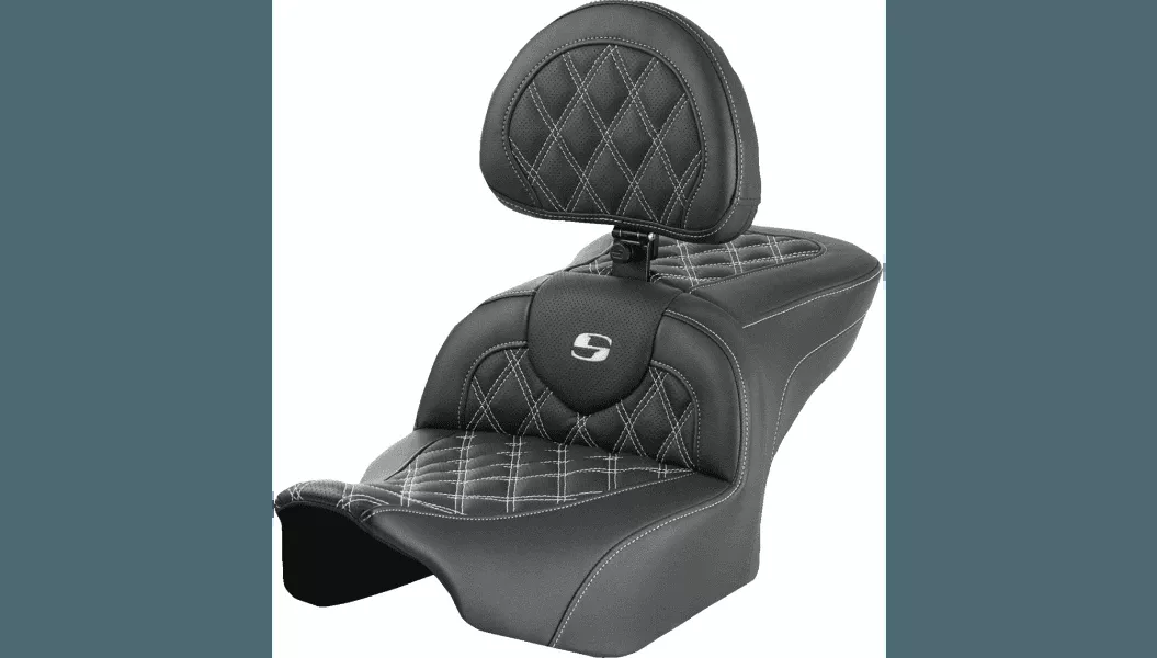 Saddlemen Roadsofa Lattice Stitch Seat with Backrest for '24-Up Harley Davidson Street Glide, Road Glide and '23-24 CVO FLHXSE, CVO FLTRSE - Blue Stitching