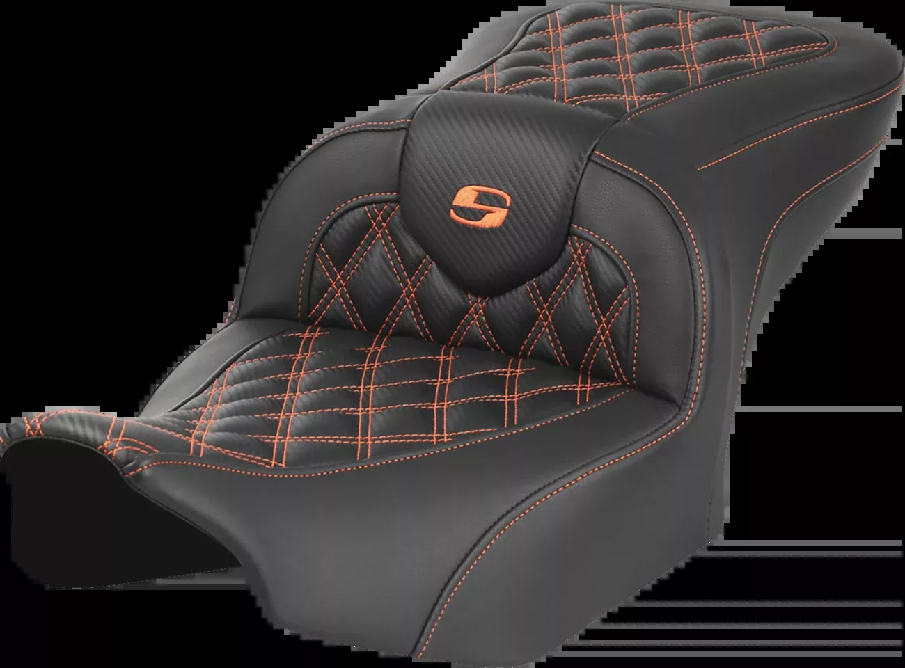 SADDLEMEN RoadSofa™ Seat for FL/FX 2023-2024 with Carbon Fiber Finish and Orange Stitch – Part 823-07-20603