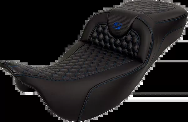 Saddlemen RoadSofa Seat - Honeycomb - Blue Stitch - Extended Reach - without Backrest - FLH/FLT '08-'23 - 808-07B-19001