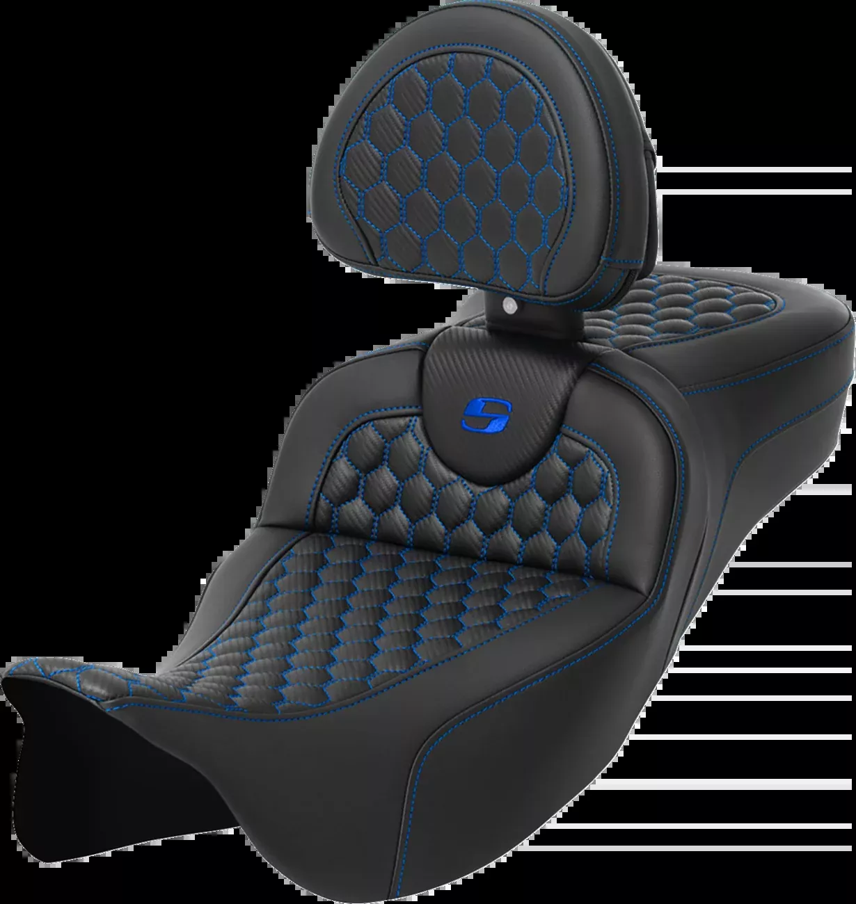 Saddlemen RoadSofa Seat - Honeycomb - Blue Stitch - with Backrest - Extended Reach - FLH/FLT '08-'23 - 808-07B-190B1