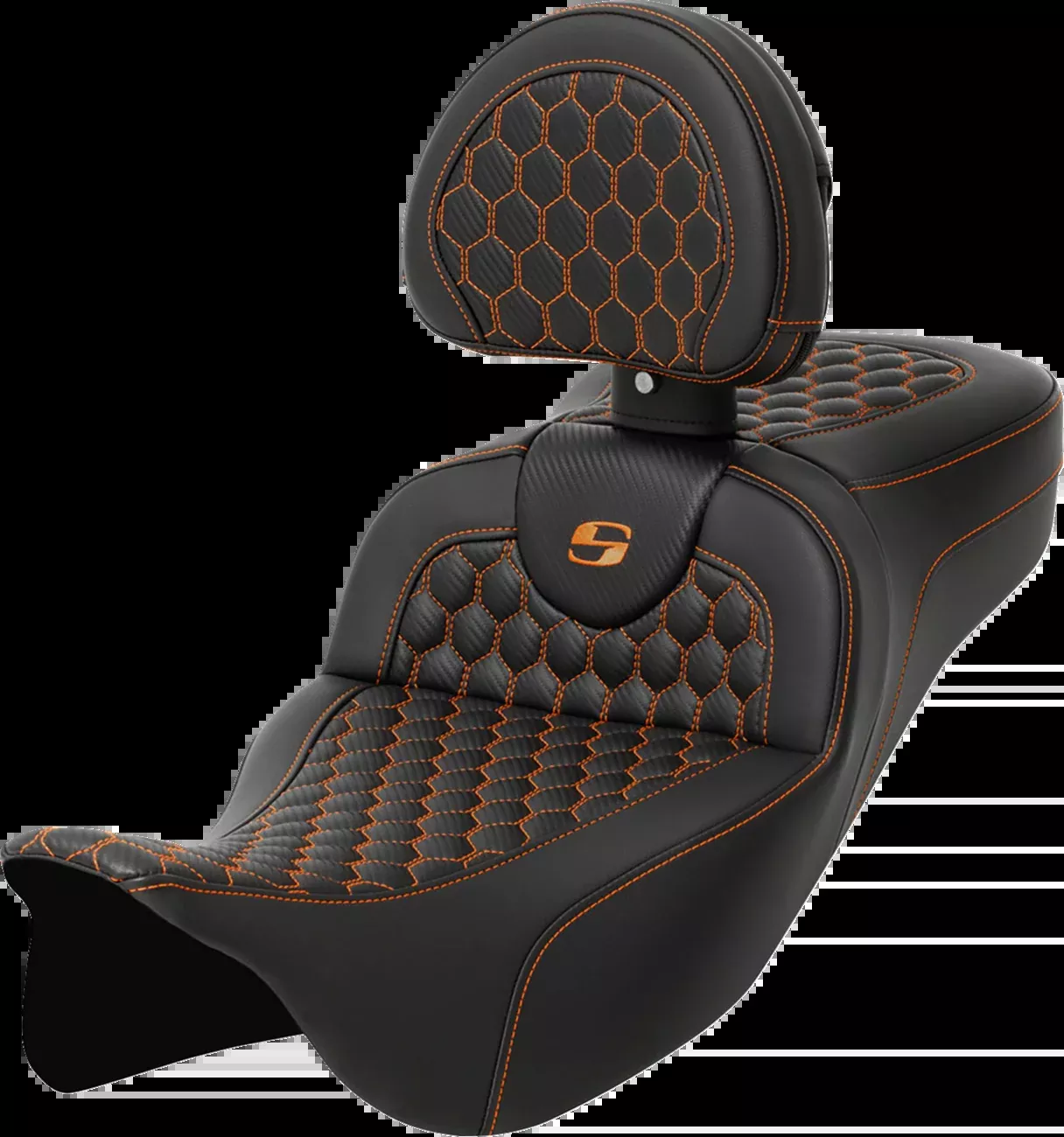 Saddlemen RoadSofa Seat - Honeycomb - Orange Stitch - with Backrest - Extended Reach - FLH/FLT '08-'23 - 808-07B-190B3