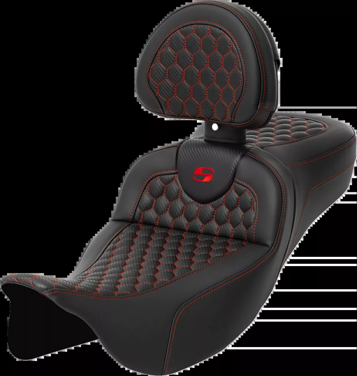 Saddlemen RoadSofa Seat - Honeycomb - Red Stitch - with Backrest - Extended Reach - FLH/FLT '08-'23 - 808-07B-190B4