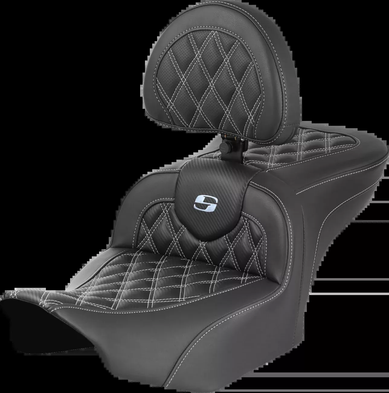 SADDLEMEN RoadSofa™ Seat with Backrest for FLTR/FLHX 2023-2024 – Carbon Fiber Finish, Silver Lattice Stitch, Model 823-07-206B5