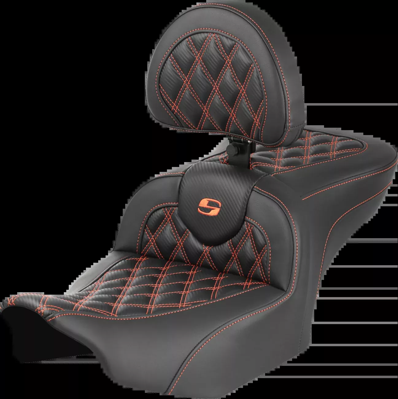 SADDLEMEN RoadSofa™ Seat with Backrest for FLTR/FLHX 2023-2024 – Carbon Fiber, Orange Stitch, Part 823-07-206B3