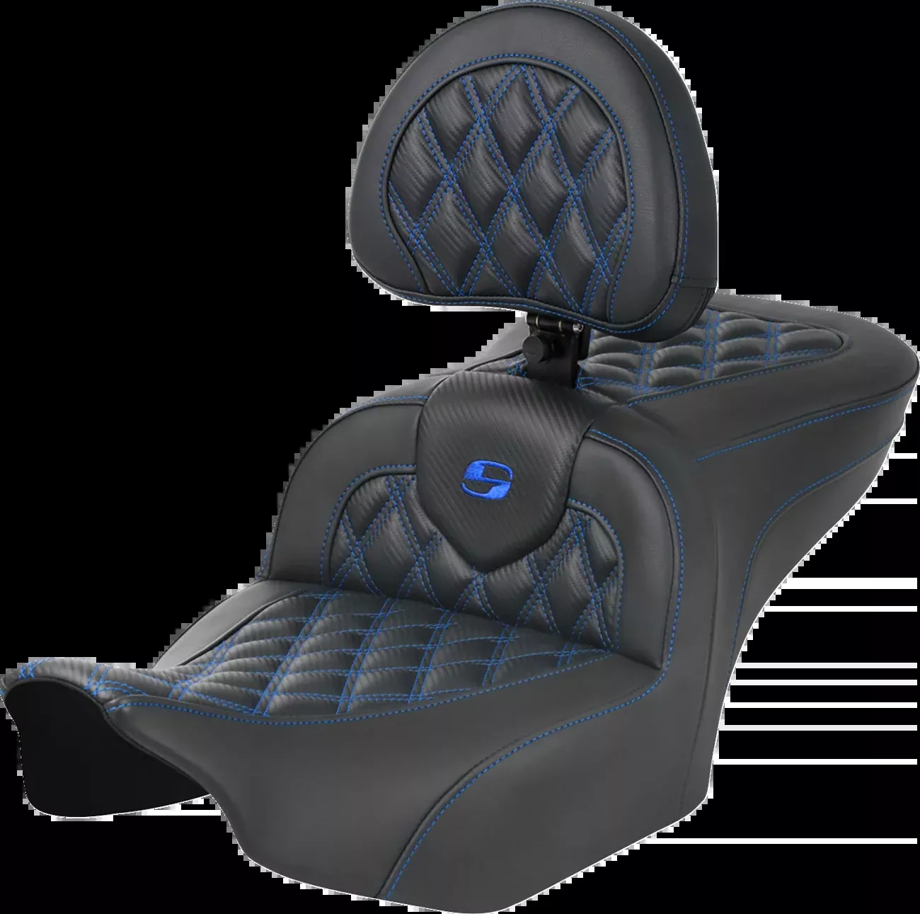 SADDLEMEN RoadSofa™ Seat with Backrest for FLTR/FLHX 2023-2024, Carbon Fiber with Blue Stitch – Part No. 823-07-206B1