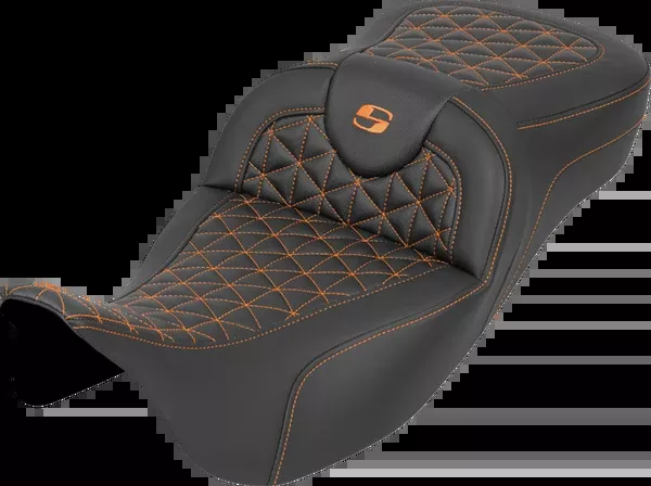 Saddlemen RoadSofa™ Tri Gripper Seat - Extended Reach - Orange Stitch - w/o Backrest - FLH/FLT '08-'25 - 808-07B-21103
