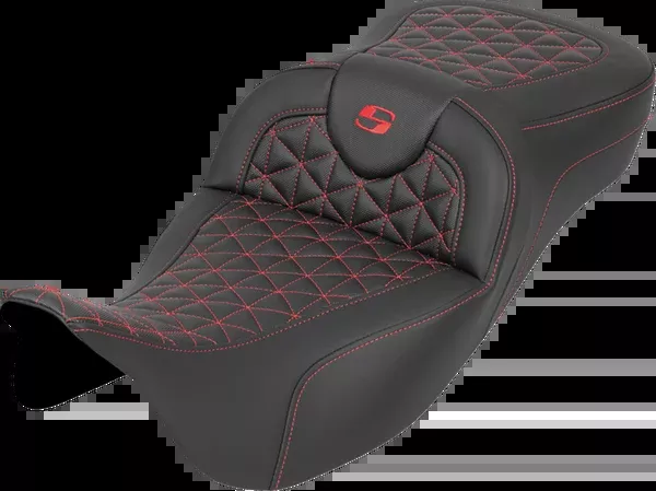 Saddlemen RoadSofa™ Tri Gripper Seat - Extended Reach - Red Stitch - w/o Backrest - FLH/FLT '08-'25 - 808-07B-21104