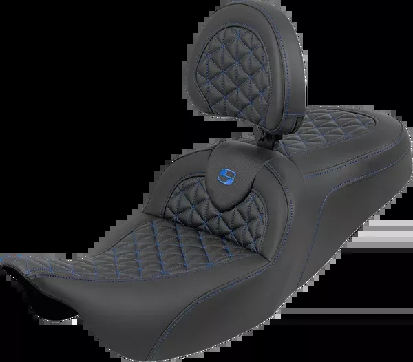 Saddlemen RoadSofa™ Tri Gripper Seat - Standard Reach - Blue Stitch - w/ Backrest - FLH/FLT '08-'25 - 808-07B-210B1