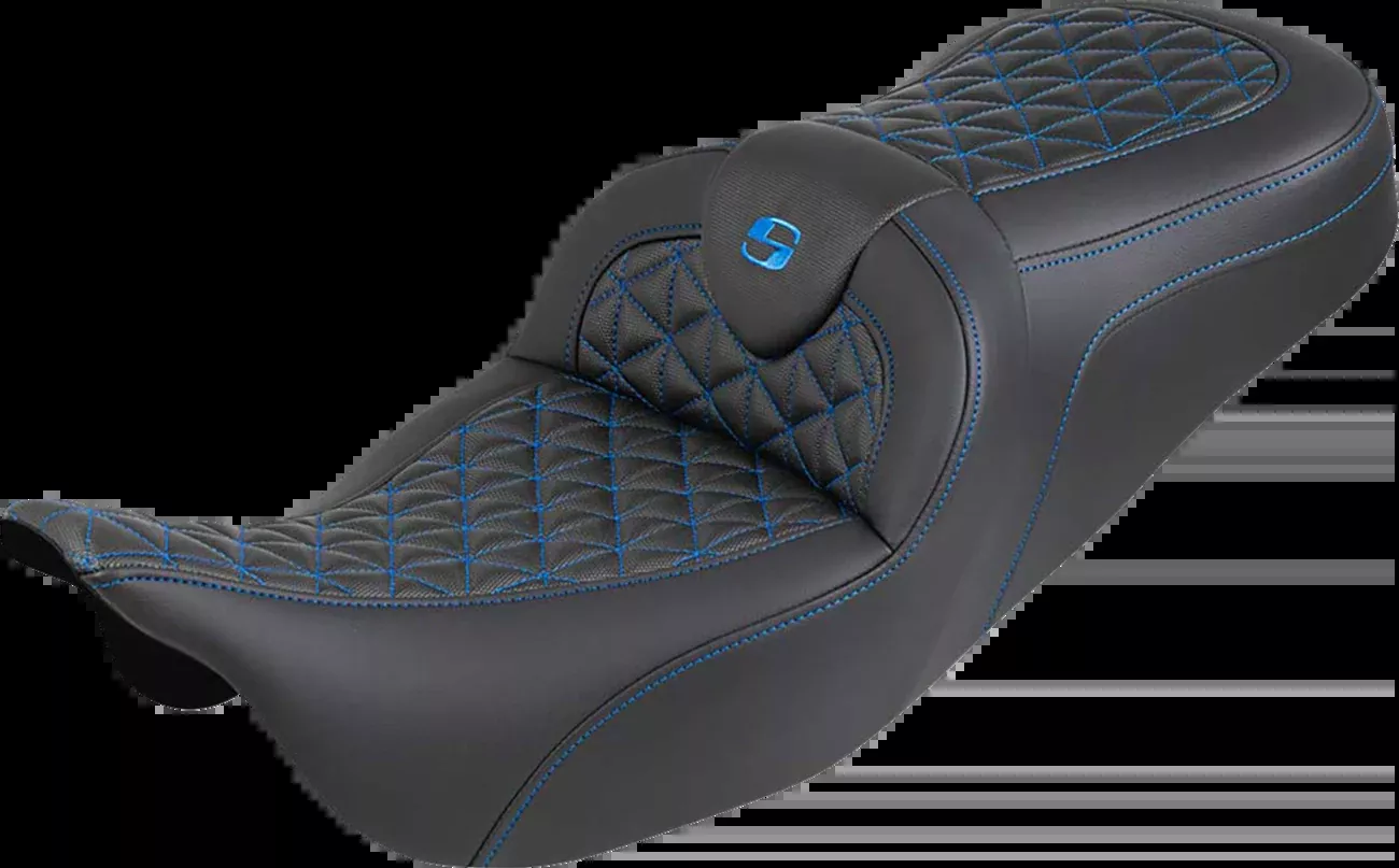 Saddlemen RoadSofa™ Tri Gripper Seat - Standard Reach - Blue Stitch - w/o Backrest - FLH/FLT '08-'25 - 808-07B-21001