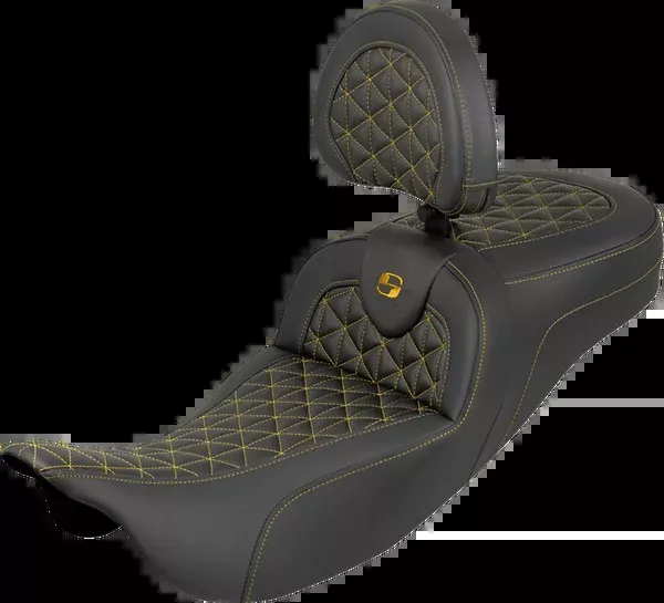 Saddlemen RoadSofa™ Tri Gripper Seat - Standard Reach - Gold Stitch - w/ Backrest - FLH/FLT '08-'25 - 808-07B-210B7